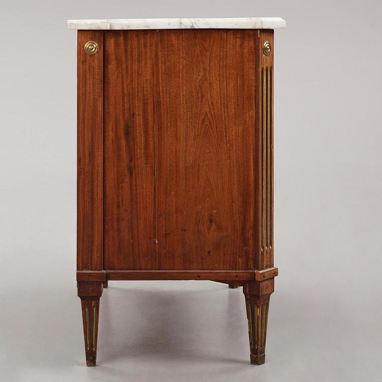 A late Gustavian mahogany, marble top, and brass-mounted commode, Stockholm, late 18th century.