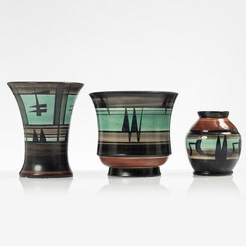 Margareta "Maggie" Wibom, ceramics, 3 pieces, Bo fajans, Gefle, around 1930.
