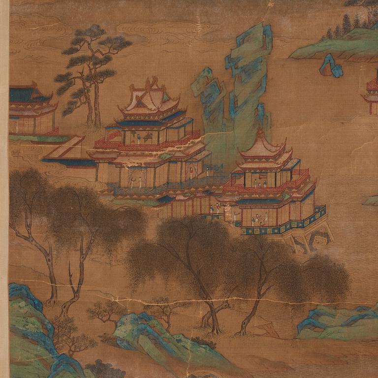 A Chinese scroll painting, ink and colour on paper, Qing dynasty after Wen Zhenming.