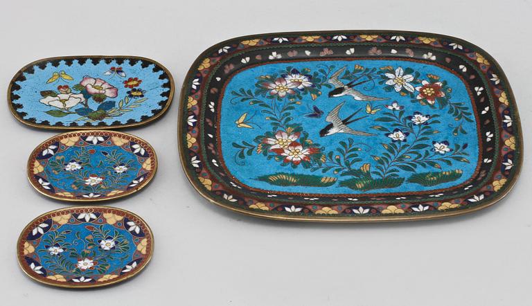 PARTI CLOISONNE, 7 delar, orientaliska, omkring 1900.