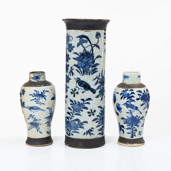 A group of three blue and white vases, late Qing dynasty/early 20th century.