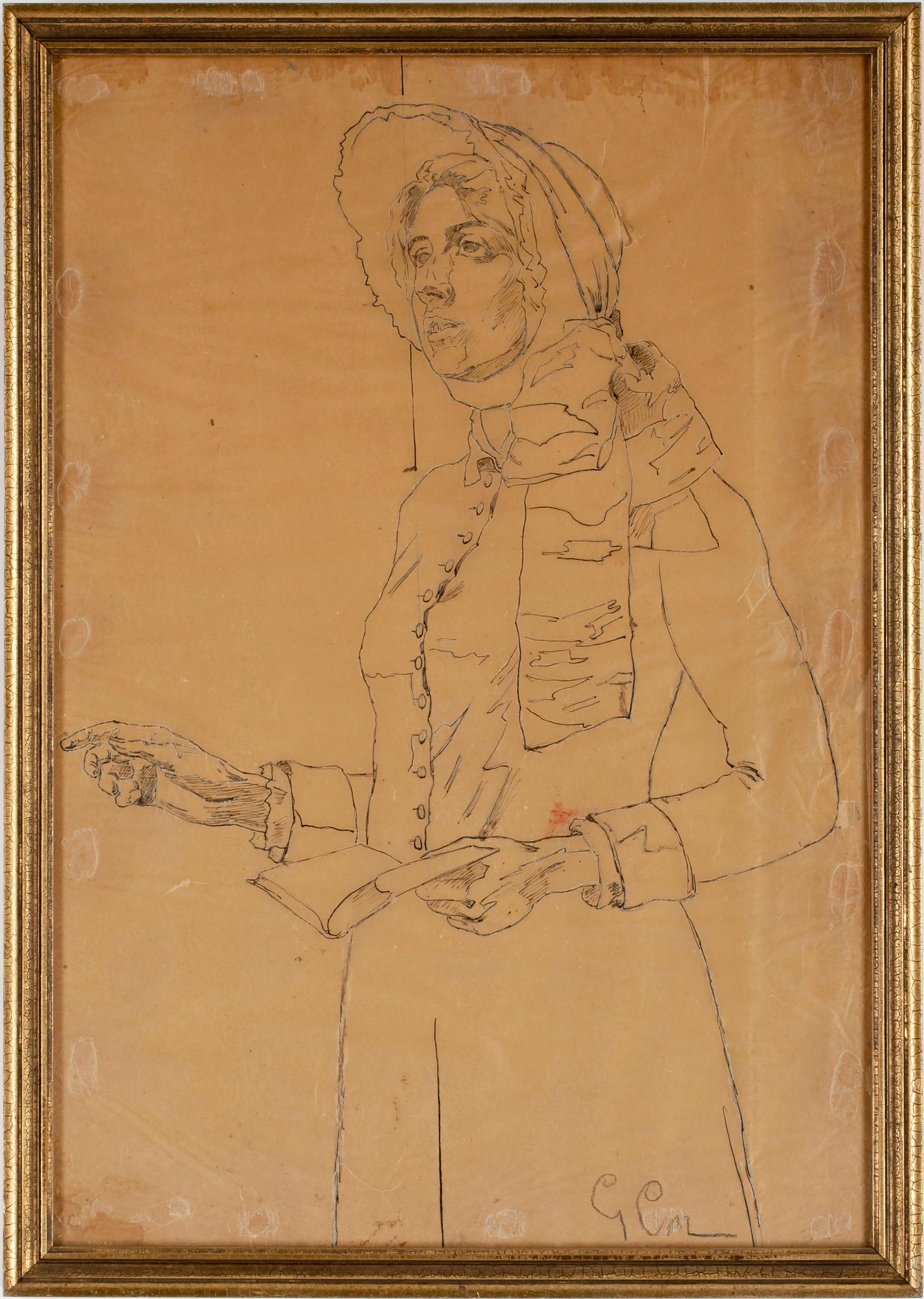 GUSTAF CEDERSTRÖM, teckning på smörpapper. Monogramsign.