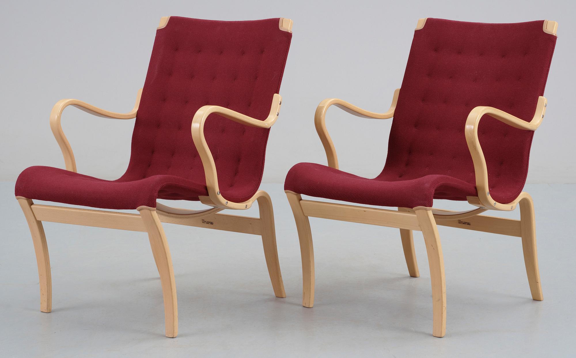 FÅTÖLJER, ett par, "Mina", Bruno Mathsson, Mathsson International Värnamo, 1900-talets slut.