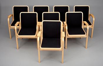 KARMSTOLAR, 8 st, modell E45, Alvar Aalto, Artek. Modellen formgiven 1947.