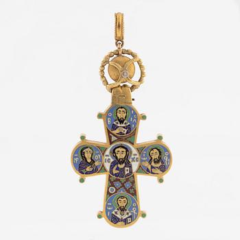 Cross 18K gold with enamel and white stone with relic compartment.