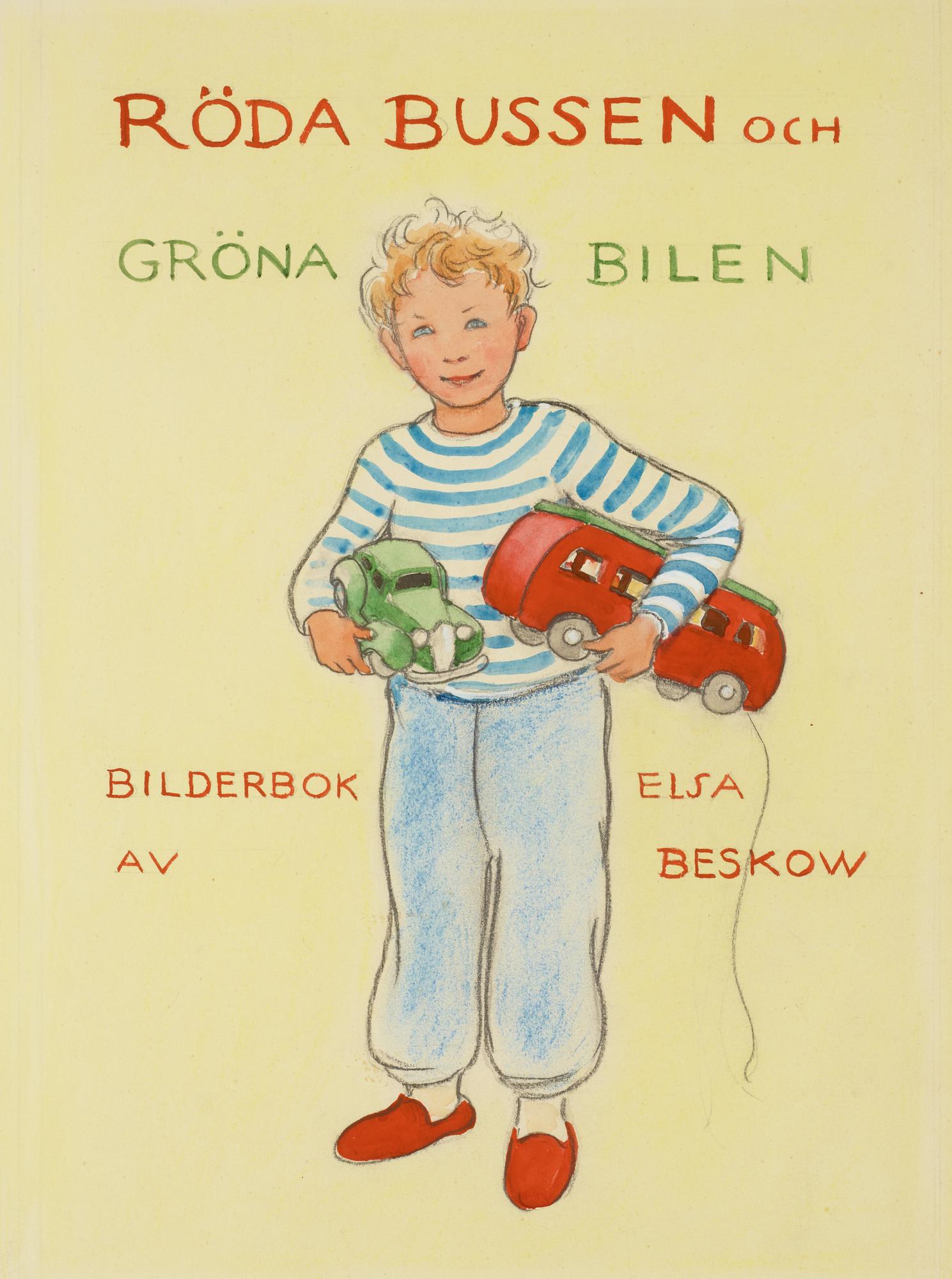 Elsa Beskow, The red bus and the green car. Illustrated children's story by Elsa Beskow.