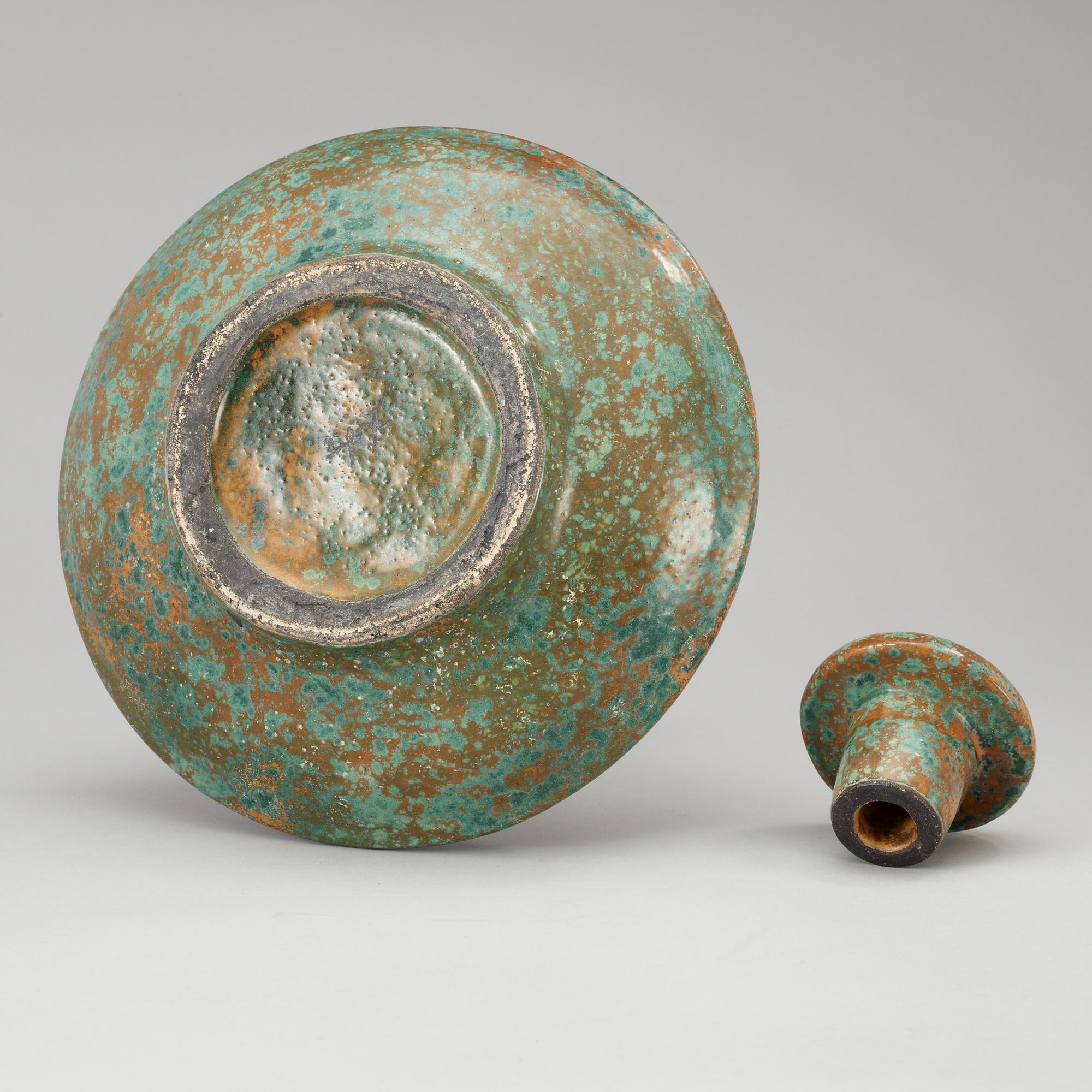 A Hans Hedberg faience bottle with stopper, Biot, France.