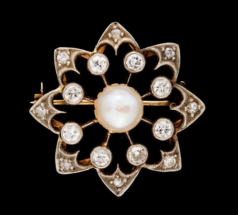 A gold, platinum, diamond and cultured pearl brooch.