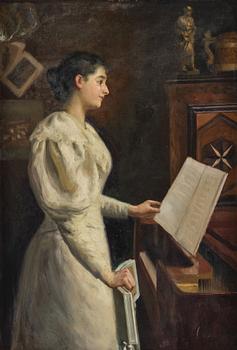 Emil Lindgren, interiör med kvinna vid piano.