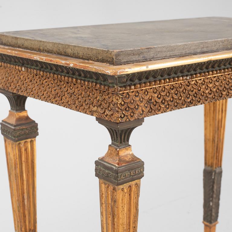 A giltwood, patinated, and faux-marbre console table in the manner of J. Frisk, Stockholm, circa 1800.