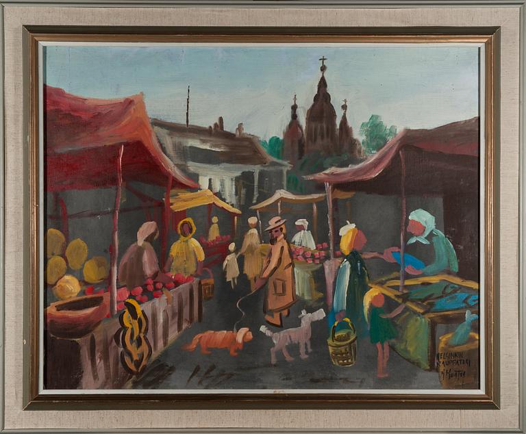 HELGE MONTÉN, olja på duk, signerad och märkt HELSINKIN KAUPPATORI, 1960-tal.