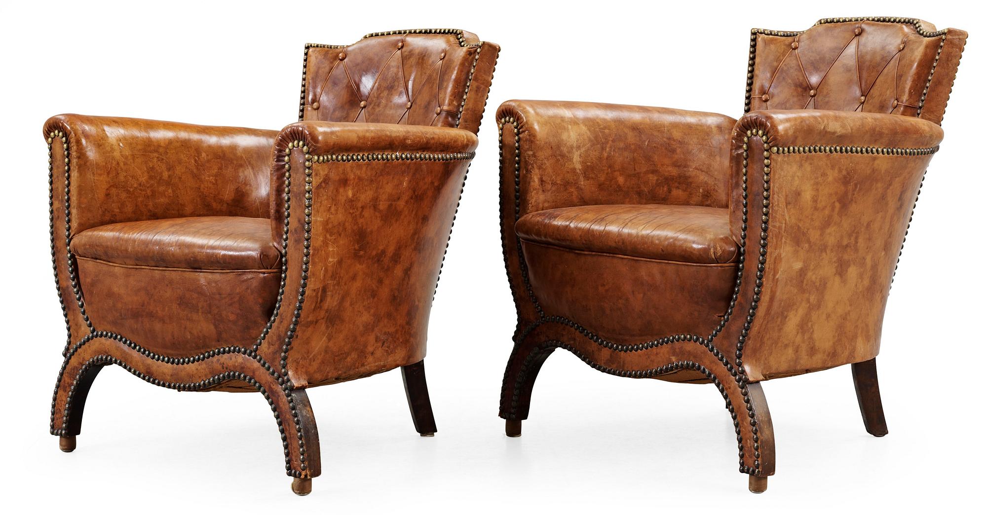 A pair of Otto Schulz brown leather armchairs, by Boet, Gothenburg 1930's.