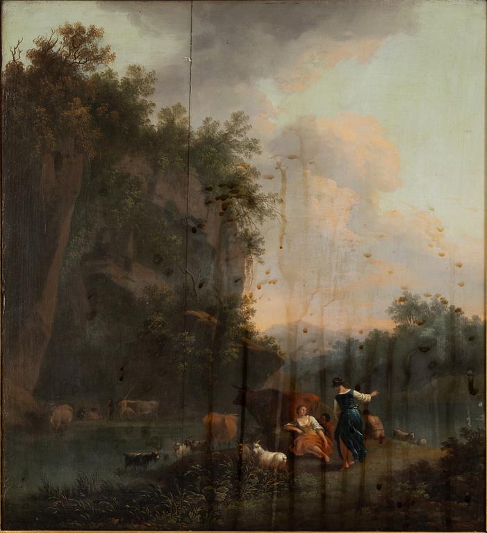 Nicolaes Berchem, hans krets, Pastoralt landskap med figurer.