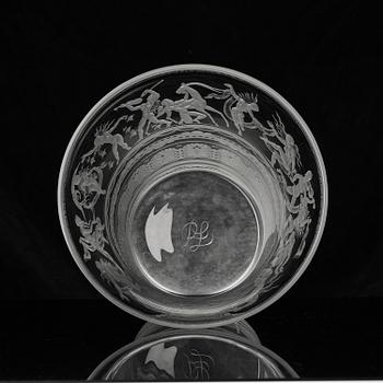 Simon Gate, an engraved glass bowl with plate, Orrefors 1930, model 122.