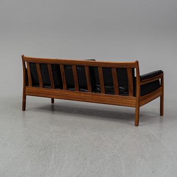 A rosewood and leather sofa by Gunnar Myrsrtrand for Källemo, designed 1960.