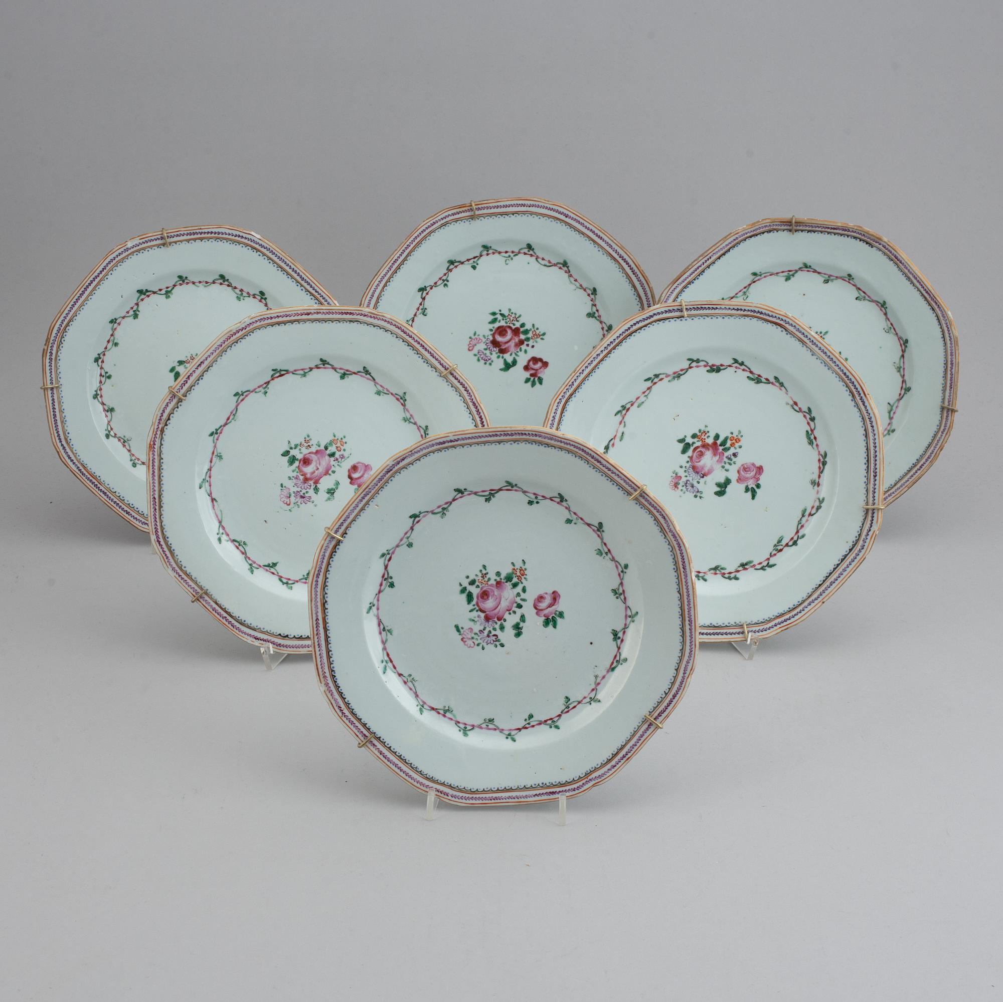 A set of 12 famille rose plates (6+6), Qing dynasty, Qianlong (1736-95).