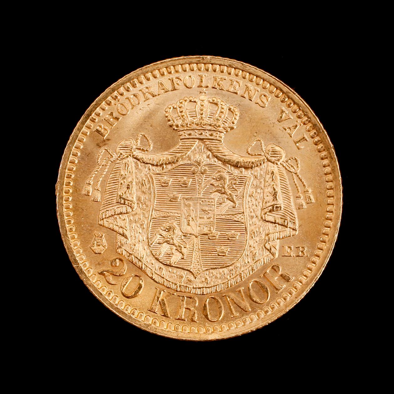 GULDMYNT, Oscar II, 20 kr, 1887. Vikt ca 9 g.