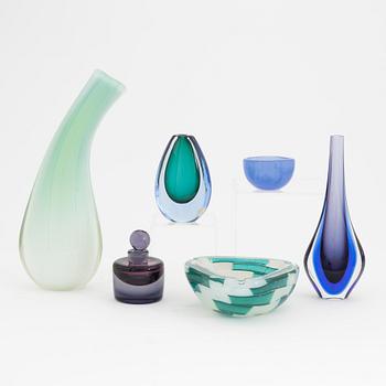 Three vases, a bottle, bowl and ashtray, glass, including Venini and Salviati & co, Murano, Italy.