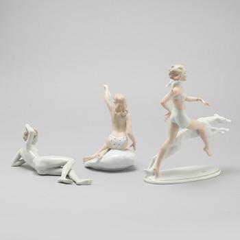 Three porcelain figurines partly by Wallendorf, Germany, from the latter half of the 20th century.