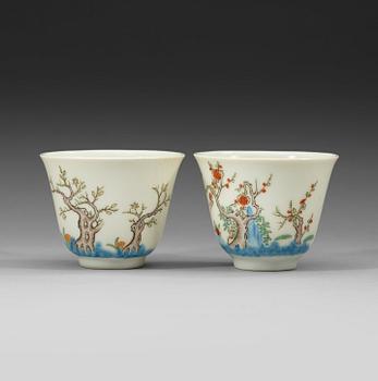 A pair of famille verte Month cups, presumably Republic. With Kangxi six characters mark.