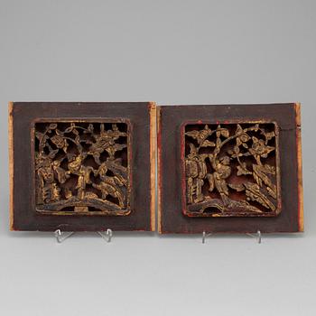 Two Chinese wooden carved painted panels, early 20th century.