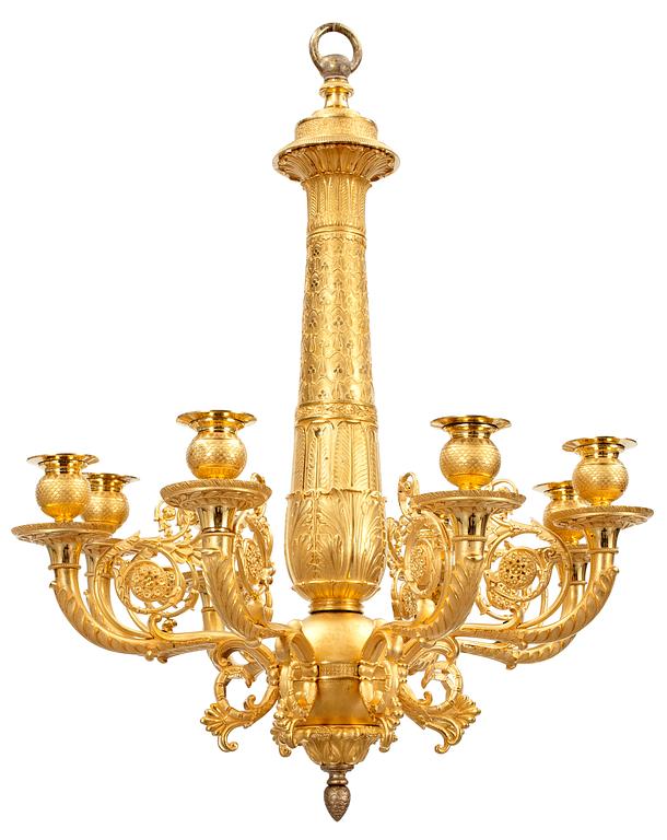 A French Empire early 19th century gilt bronze eight-light hanging lamp.