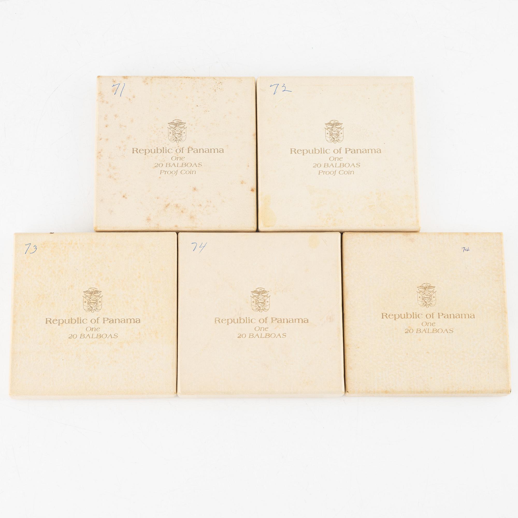 Silvermynt, 5 st, 20 Balboas, Republica de Panama, 1971, 1972, 1973, 1974, 1975.