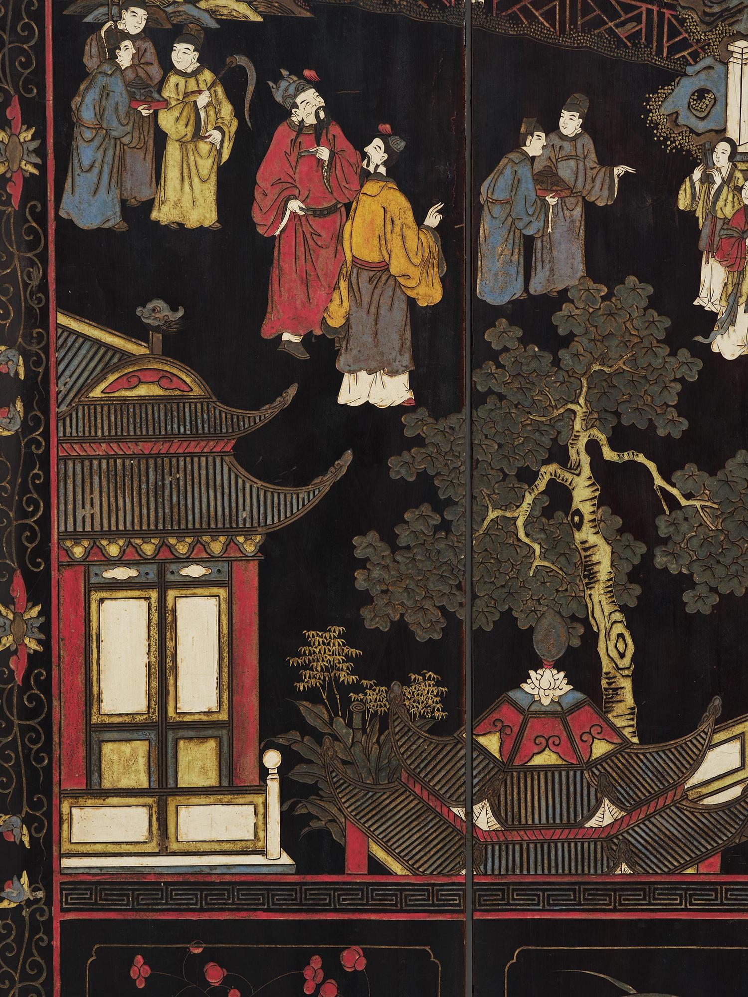 A Chinese four panel lacquer folding screen, first part of the 20th century.