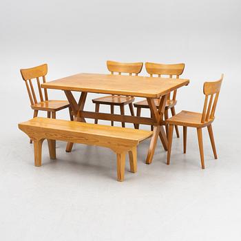 A set of four chairs, a table and a bench, mid 20th Century.