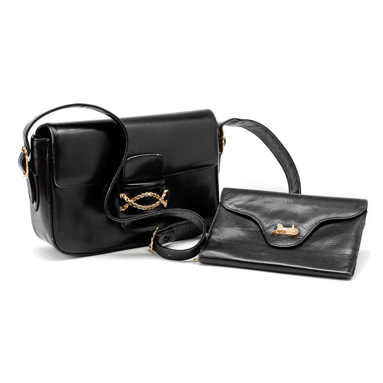 CÉLINE, a black leather shoulder bag and wallet.