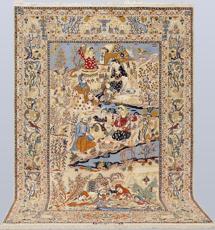 A Figural Isfahan carpet, part silk, 238 x 160 cm.