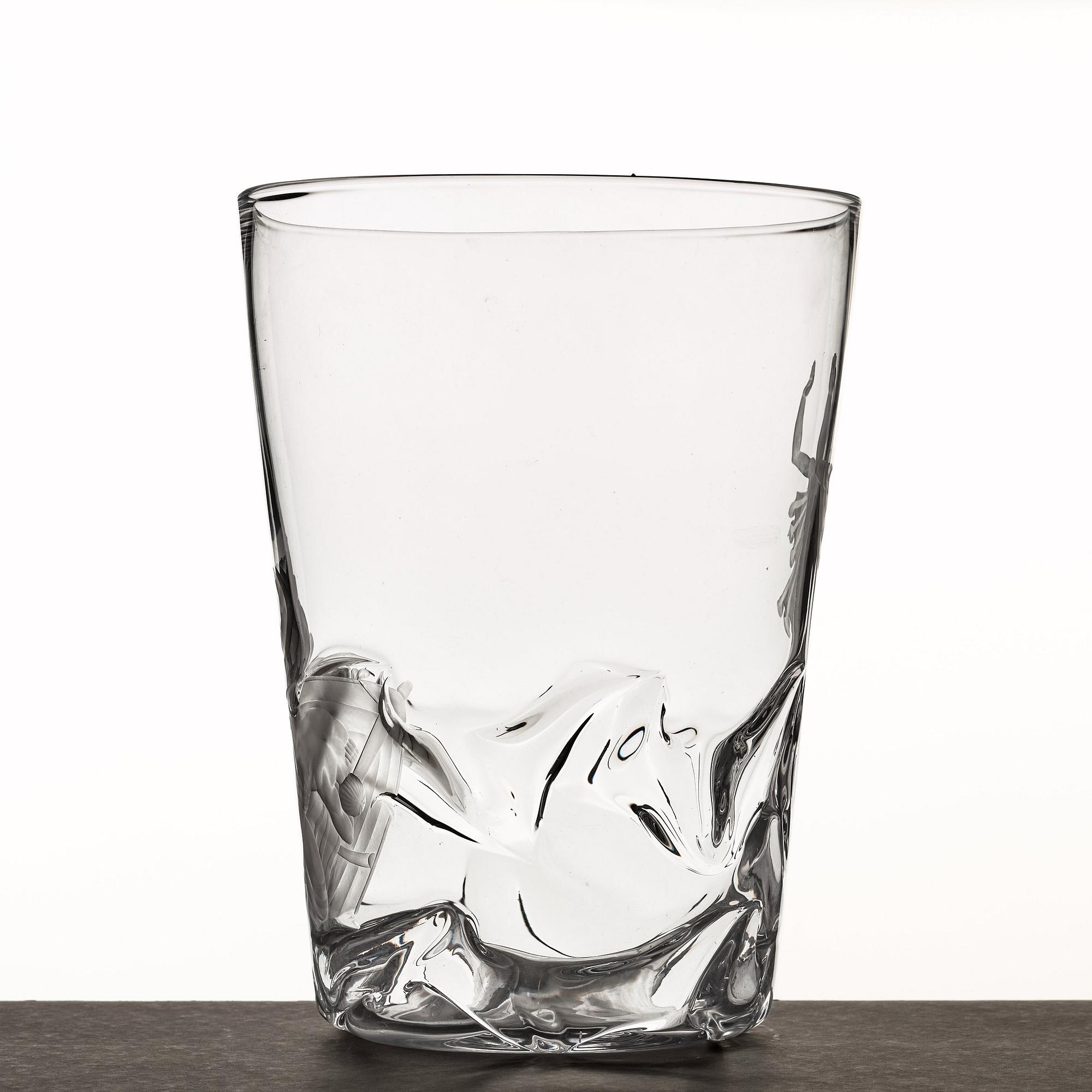 Vicke Lindstrand, "Christ calms the storm" a glass vase, Orrefors, Sweden 1935, model 1385, engraved by Arthur Diessner.