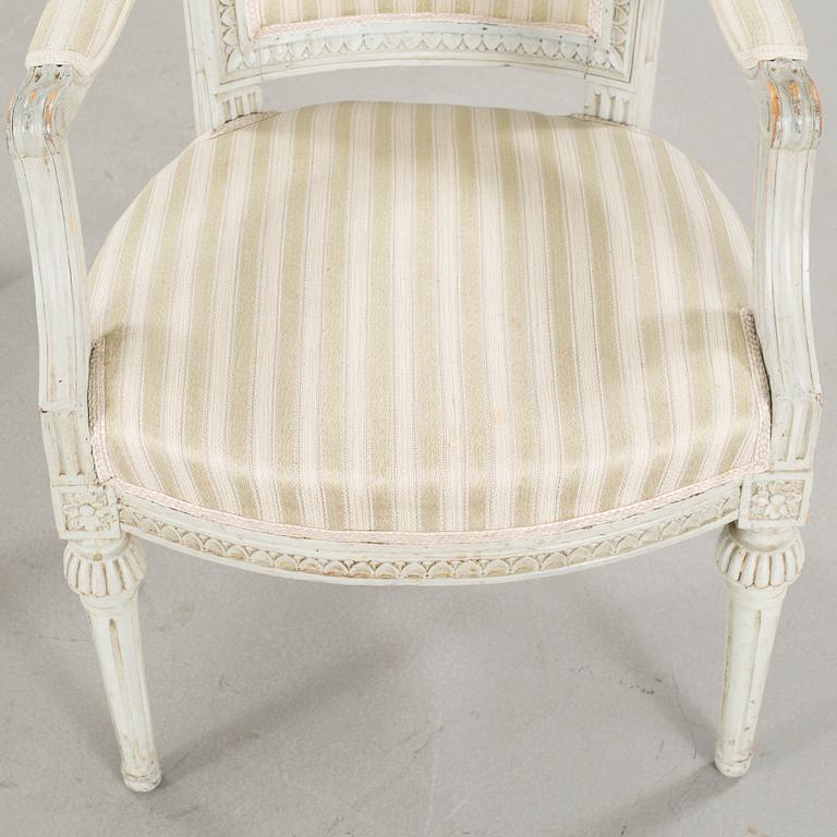 Two gustavian armchairs signed OBS, Olaus Bentsson, Lindome, around the year 1800.