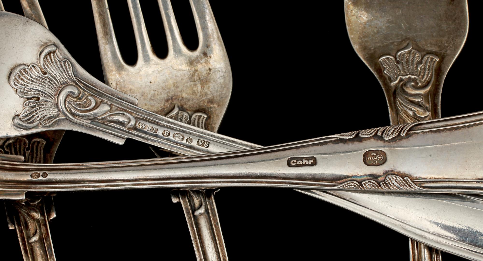 PARTI GAFFLAR, 11 st, silver, importstämplade, 1900-tal. Vikt 440 g.