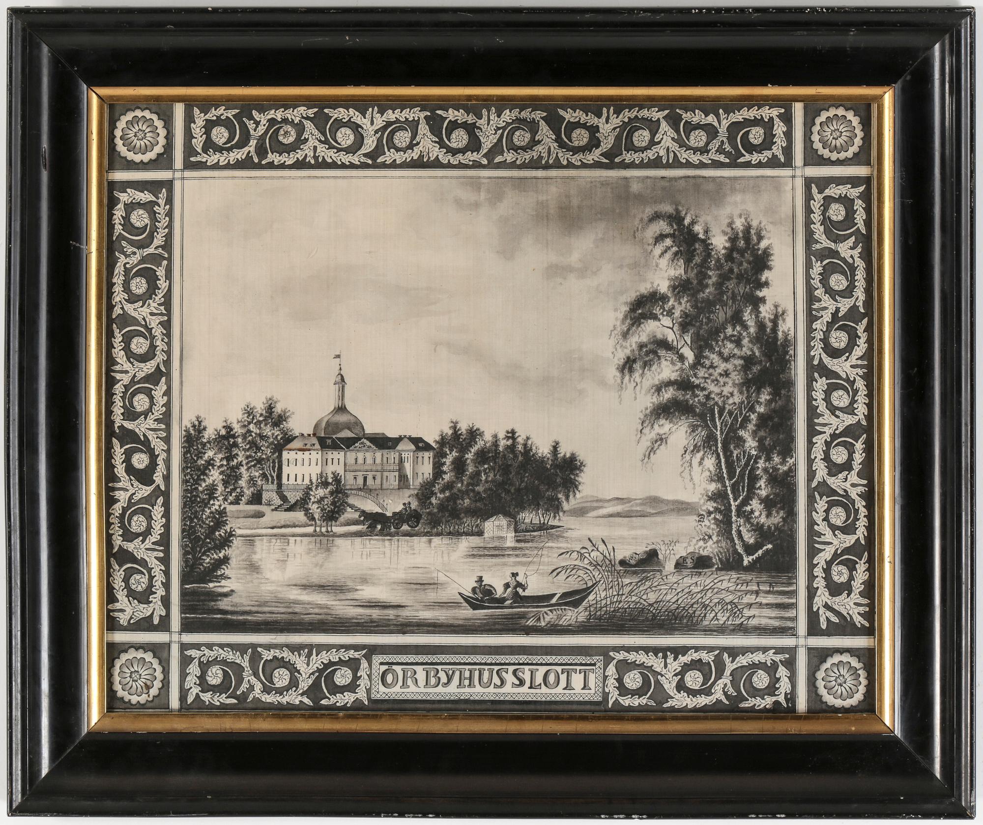 SIDENMÅLNING, tusch, mongramsign ES, 1800-talets första hälft.