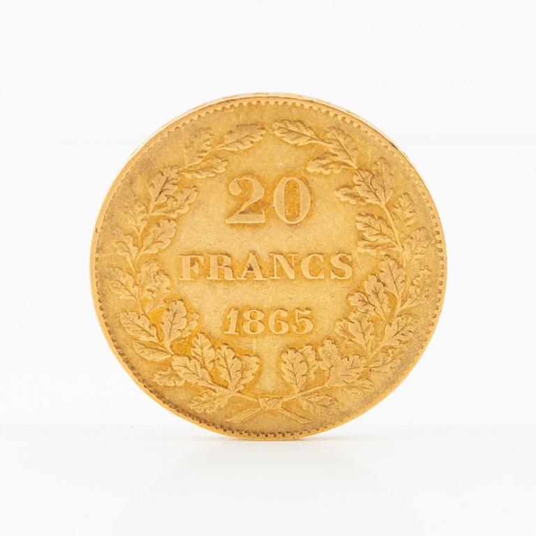 Guldmynt 20 franc 1865 Belgien Leopold I.