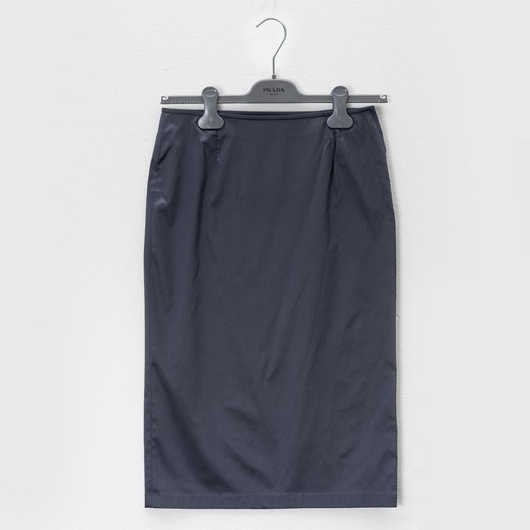 Prada, A dark grey silk-mix skirt and top.