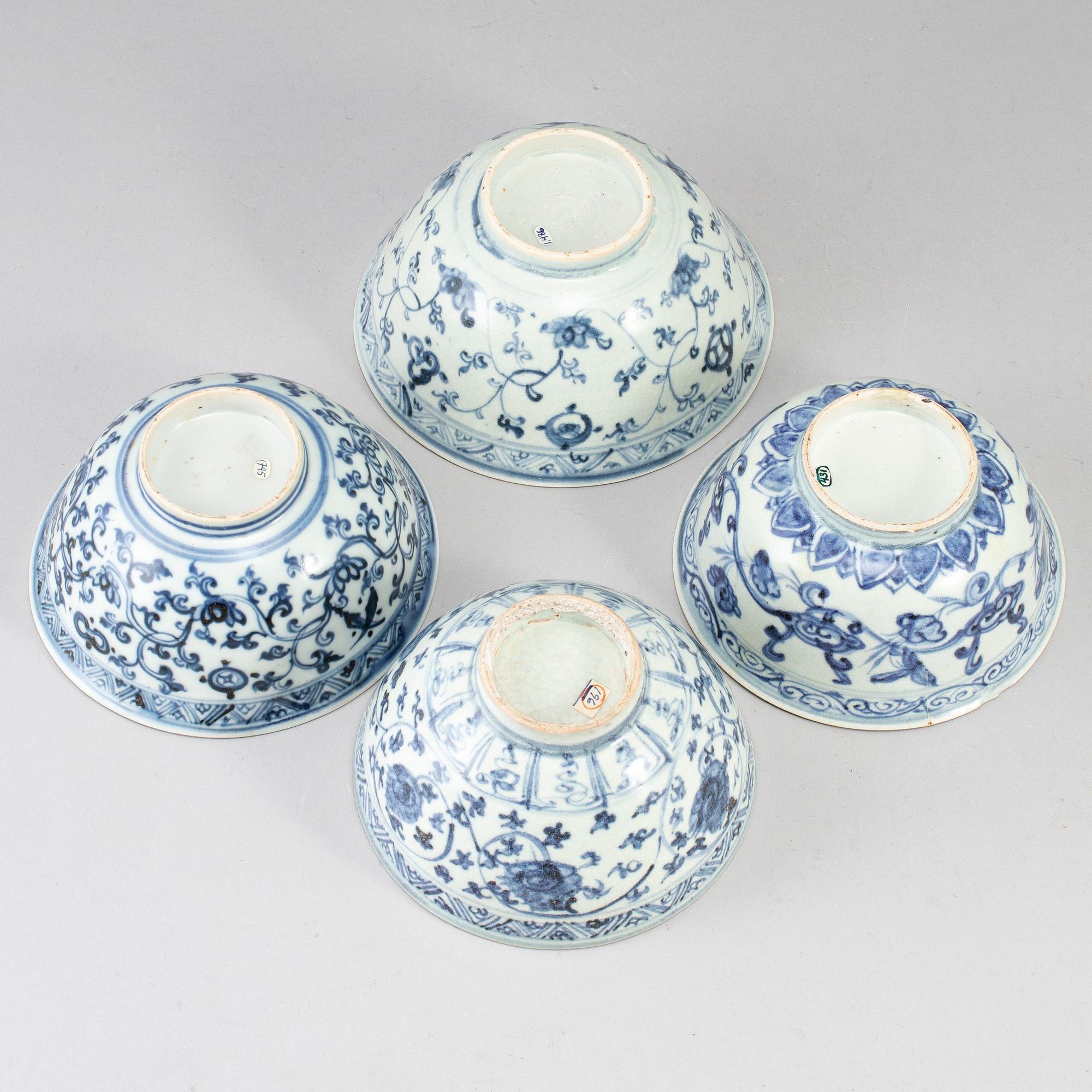 A group of five blue and white South East Asian ceramic bowls, 18th-20th Century.