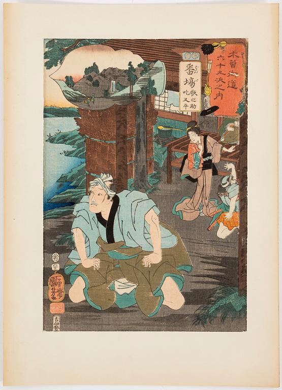 UTAGAWA KUNIYOSHI (1797/98-1861), färg träsnitt, 8 stycken. Japan, från serien "Sixty-nine stations of Kisokaido Road".