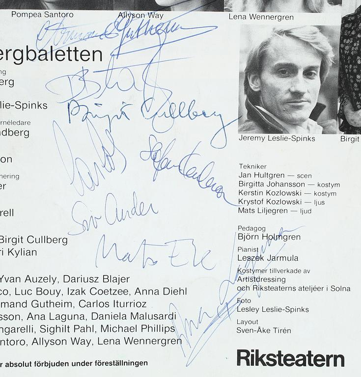 RUDOLF NUREYEV (1938-1993), autograf på informationsblad, Cullbergbaletten på Cirkus, Riksteatern 1981.