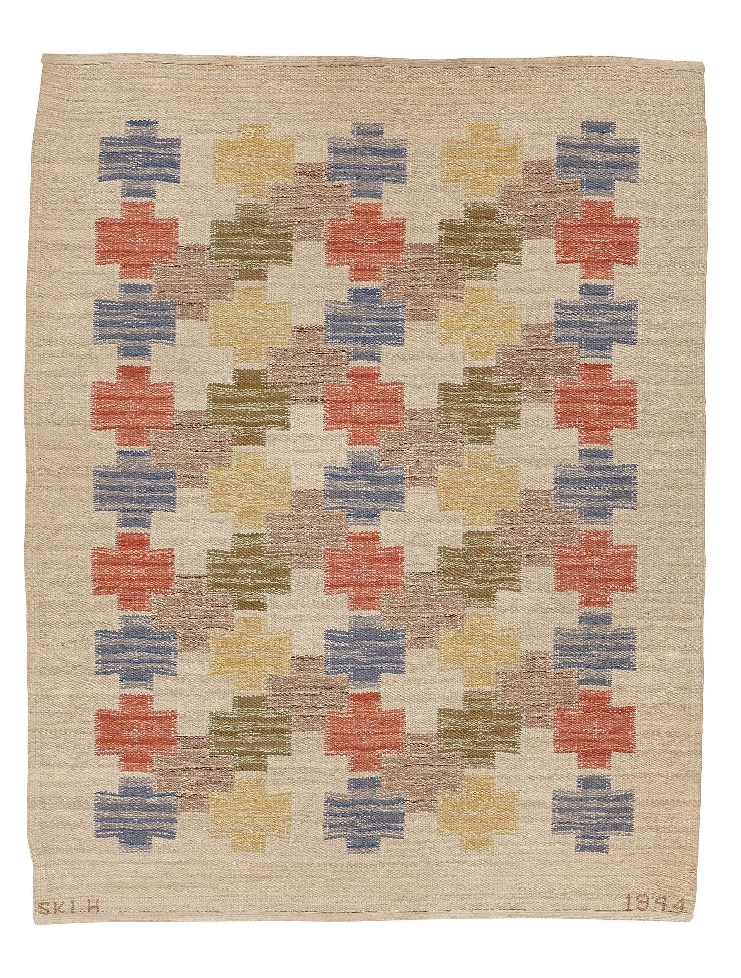 Swedish design, a carpet, knotted pile in relief, ca 178,5-179,5 x 137-140,5 cm, signed and dated at the back: SKLH 1944.