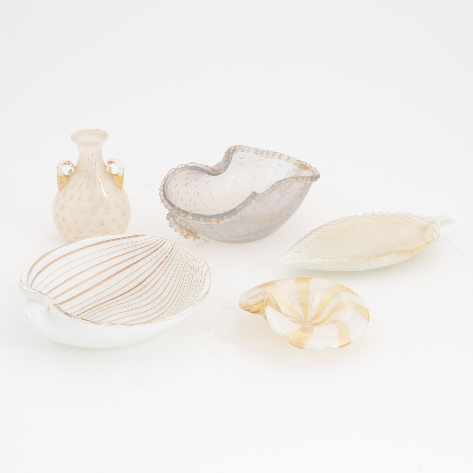 Four bowls and a vase, glass,  Murano, Italy.