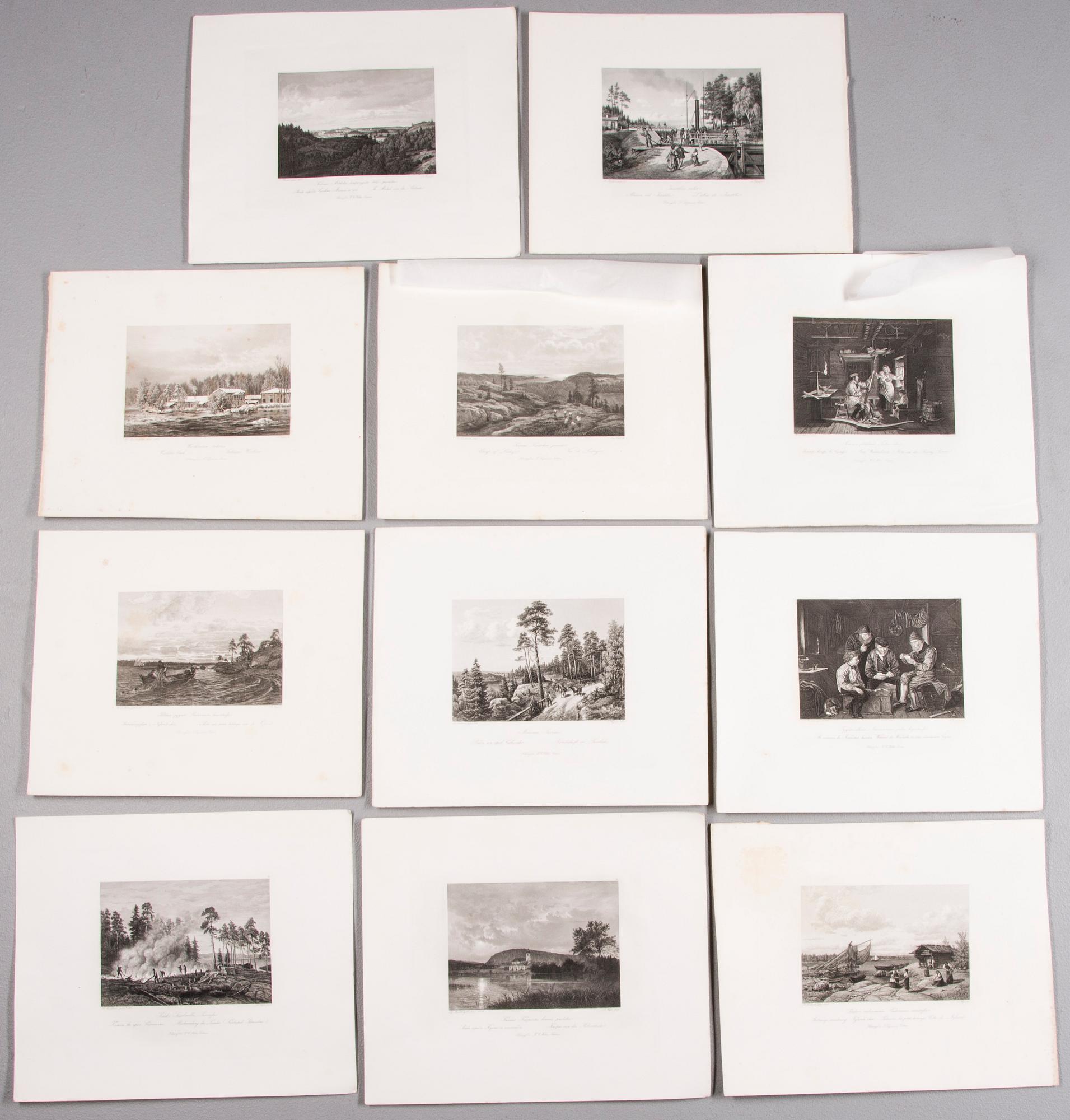 PARTI GRAVYRER, ca 25 st,  stålstick, "En resa i Finland", A. Weger, 1870-tal.