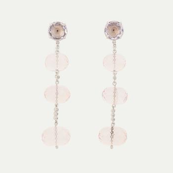 Briolette cut rose quartz and brilliant cut diamond earrings.