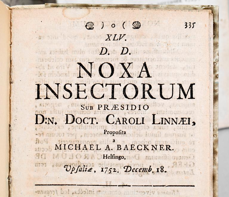 BOK SAMT 2 HÄFTEN, Linnéana, bla "Egenhändiga Anteckningar af Carl Linnaeus..", Stockholm 1823.