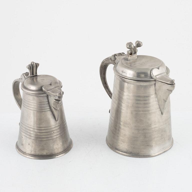 Two pewter jugs, mark of O. Artedius and S. Pilström, Jönköping 1761 respectively Örebro 1772.