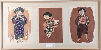 TRYCK, 3 st samramade. Japan, 1900-talets mitt. Sign.