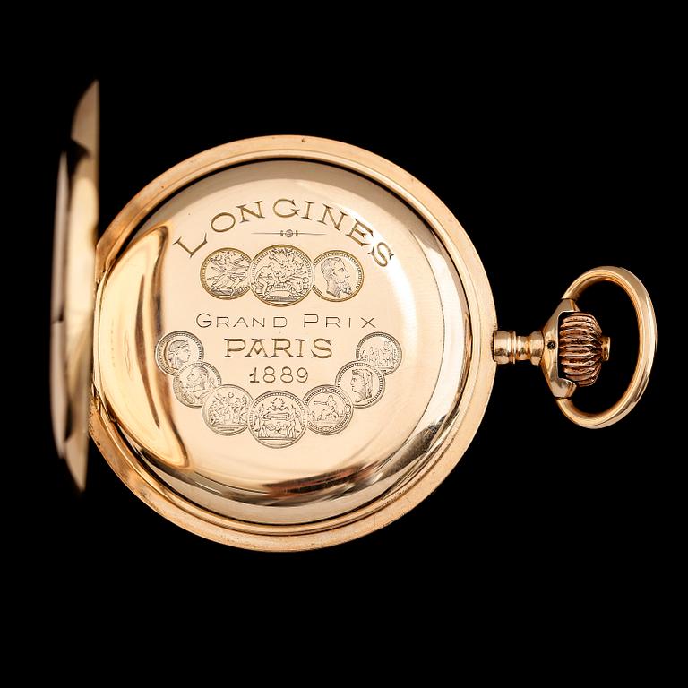 FICKUR, 14K guld, savonett, urverk märkt Longines, omkring år 1900.