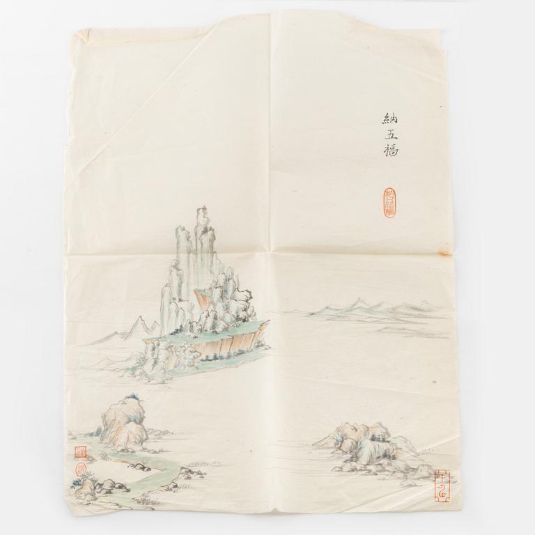 Böcker med tuschlaveringar, två stycken samt två stycken tuschlaveringar/teckningar på papper, Kina, 1900-tal.