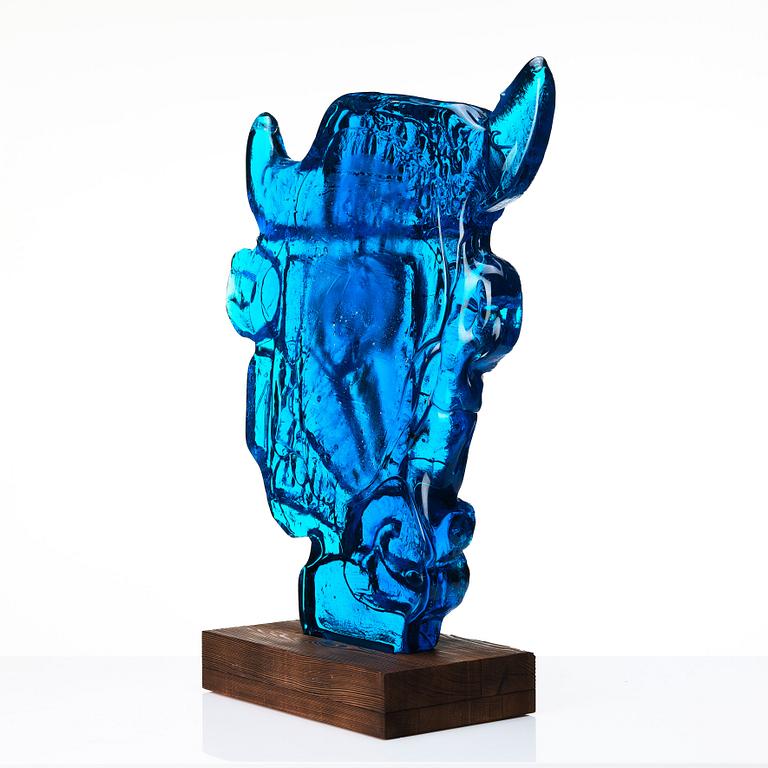 Edvin Öhrström, a blue/ turquoise coloured cast glass sculpture of a bull's head, Lindshammar glassworks, Sweden, signed and dated 1953.